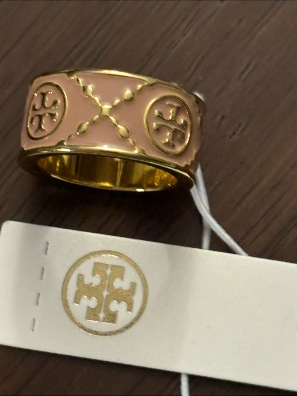 Tory Burch Pink Enamel & Gold Logo Band Ring size 6